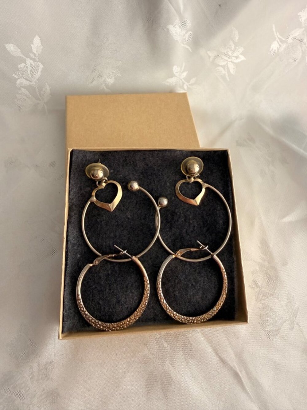 Set of 2 - Vintage Hoop Earrings - Heart Hoops & Textured Hoops